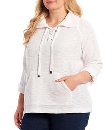 Plus Size Slub Knit Roll-Tab Sleeve Lace up Front Placket Pullover