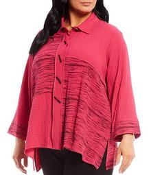 Plus Size Exposed Seam Bracelet Sleeve Button-Front Tunic