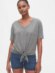 Cropped V-Neck Tie-Front Shirt 