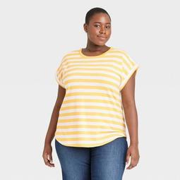 Women's Plus Size Striped Round Neck Cuffed T-Shirt - Ava & Viv™