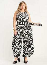 Belted Zebra Knit Harem Jumpsuit