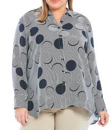 Plus Size Circle Print Long Sleeve Button Front Crinkle Woven Shirt