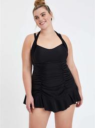 Black Ruched Halter Swim Dress - Short