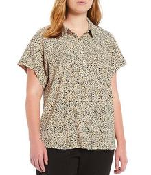 Plus Size Short Sleeve Animal Print Collared Popover Top