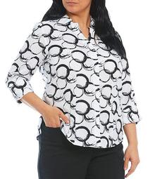 Plus Size Taylor Gold Label Non-Iron Y-Neck 3/4 Sleeve Button Front Circle Print Shirt