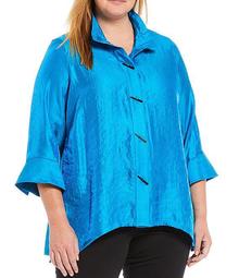 Plus Size Shimmer Button Front 3/4 Cuffed Sleeve Blouse