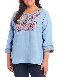 Plus Size 3/4 Sleeve Scoop Neck Embroidery Tunic