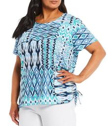 Plus Size Ikat Patchwork Print Short Sleeve Side Ruched Detail Top