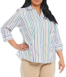 Plus Size Taylor Gold Label Non-Iron Y-Neck 3/4 Sleeve Button Front Striped Shirt