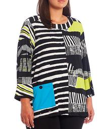 Plus Size Knit Colorblocked Mixed Stripe Print Jewel Neck Tunic