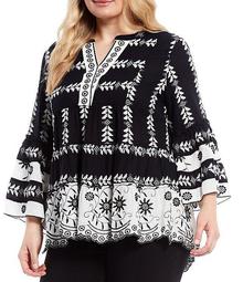 Plus Size Tiered Flounce Sleeve Embroidered Tunic