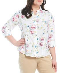 Plus Size Taylor Gold Label Non-Iron Y-Neck 3/4 Sleeve Button Front Floral Print Shirt