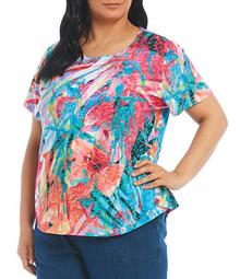 Plus Size Parrot Tropical Print Embellished Front Detail Crew Neck Short Sleeve Top