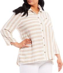 Plus Size Mixed Stripe 3/4 Ruched Sleeve Hi-Low Blouse