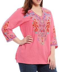 Plus Size 3/4 Sleeve Floral Embroidery Tunic