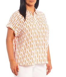 Plus Size Short Sleeve Ikat Collared Popover Top