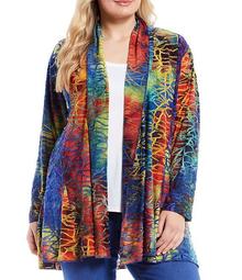 Plus Size Abstract Print Burnout Tie Dye Open Front Cardigan