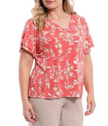 Plus Size Floral Matte Jersey V-Neck Double Tiered Short Sleeve Knit Top