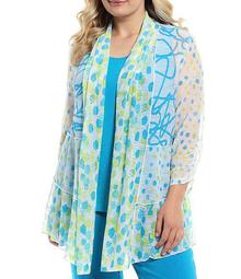 Plus Size Dots & Squiggles Print Onionskin 3/4 Bungee Sleeve Open-Front Hi-Low Drapey Jacket