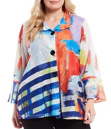 Plus Size Printed Burnout Abstract Stripe Jacket