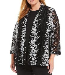 Plus Size Abstract Print Lace Embroidered Open-Front 3/4 Sleeve Jacket