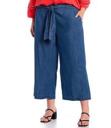 Plus Size Denim Pull-On Wide-Leg Sash Belted Crop Denim Pants