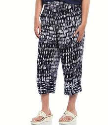 Plus Size Ikat Rain Print Wide-Leg Banded Hem Pull-On Capri Pants