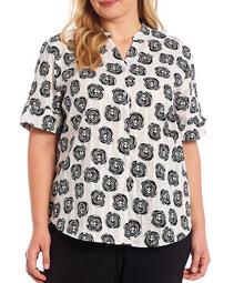 Plus Size Short Sleeve Spiral Dot Mandarin Collar Button Front Shirt