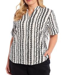Plus Size Short Roll-Tab Sleeve Geo Stripe Button Front Hi-Low Shirt