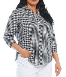 Plus Size Taylor Gold Label Non-Iron Y-Neck 3/4 Sleeve Button Front Gingham Shirt