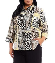 Plus Size Mixed Animal Skin Patchwork Print 3/4 Sleeves Flip-Cuff Button Front Cotton Shirt