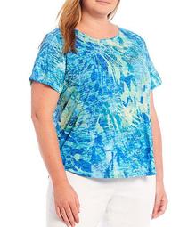 Plus Size Abstract Butterfly Print Embellished Front Detail Crew Neck Short Sleeve Top
