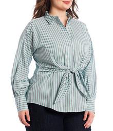 Plus Size Striped Broadcloth Puffed Long Sleeve Self-Tie Button Front Shirt