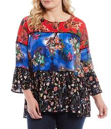 Plus Size Mixed Floral Block Print Round Neck Long Sleeve Tunic