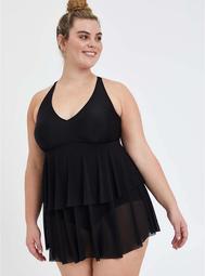 V-Neck Ruffle Mid Length Swim Dress - Black