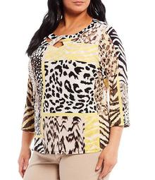 Plus Size Mixed Animal Skin Patchwork Print Crossover Cut-Out Neckline Detail 3/4 Sleeve Top