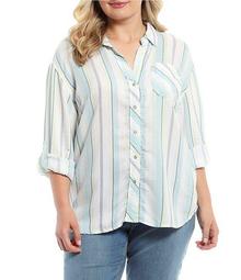 Plus Size Roll Sleeve Tonal Stripe Button Front Shirt