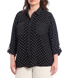Plus Size Olivia Long Sleeve Roll-Tab Button-Front Polka Dot Print Utility Blouse
