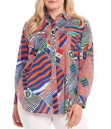 Plus Size Nautical-Inspired Patchwork Print Cotton Button Front Long Sleeve Top