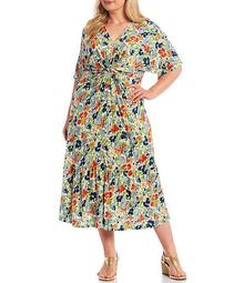 Plus Size Floral Print Linen-Blend Jersey V-Neck Dolman Sleeve Dress