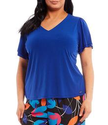 Plus Size Solid Matte Jersey V-Neck Double Tiered Short Sleeve Top