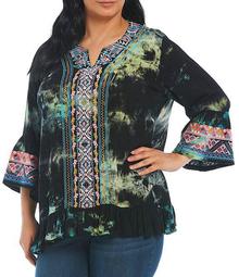 Plus size 3/4 Bell Sleeve Tie Dye Embroidery Tunic