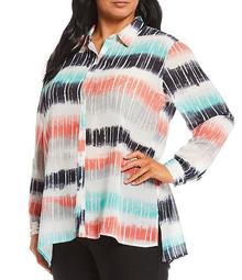 Plus Size Ombre Stripe Crinkle Woven Roll-Tab Sleeve Hi-Low Button Down Shirt