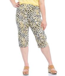 Plus Size Leopard Spot Print Tech Stretch Pull-On Embellished Hem Detail Capri Pants