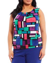 Plus Size Color Block Print Matte Jersey Pleat Neck Sleeveless Top