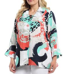 Plus Size Abstract Floral Print Round Collar 3/4 Sleeve Flared Cuff Button Front Hi-Low Jacket
