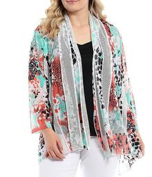 Plus Size Multicolor Abstract Dot Print Onionskin Shawl Collar Solid Mesh Open-Front Jacket