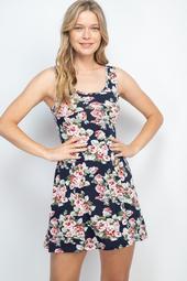 Navy-Coral-Flower-Print-Dress