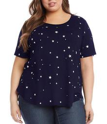 Plus Size Short Sleeve Star Print Shirttail Hem Top