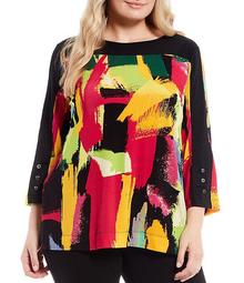 Plus Size Button Trim Sleeve Abstract Print Tunic